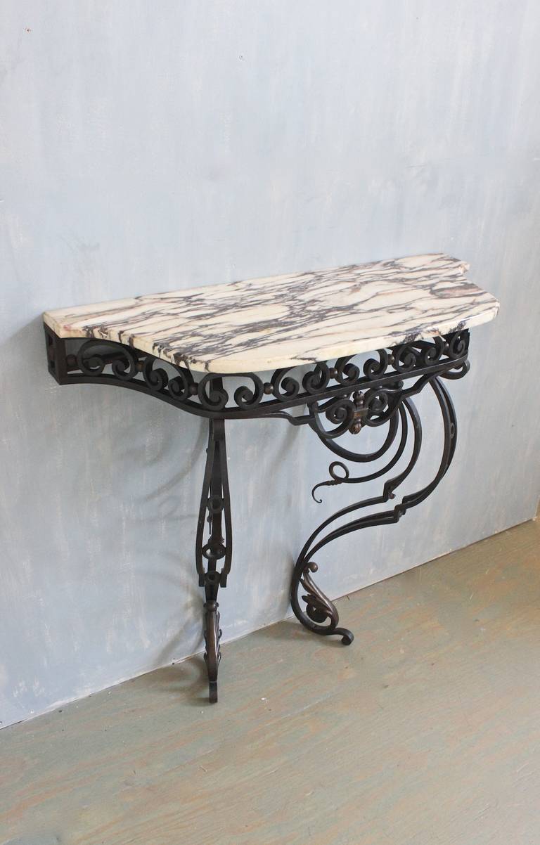 French 19th Century Wall-Mounted, Wrought Iron Console with Marble Top