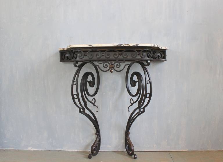 19th Century Wall-Mounted, Wrought Iron Console with Marble Top In Good Condition In Buchanan, NY