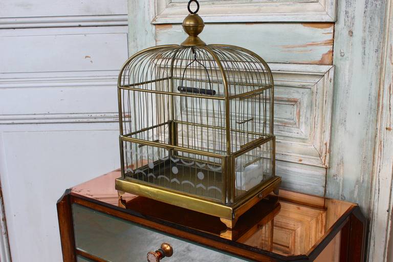 Art Deco brass birdcage with brass framed etched glass seed guards, American, 1920s.  On piece of the etched glass has a crack, but can still be used. 