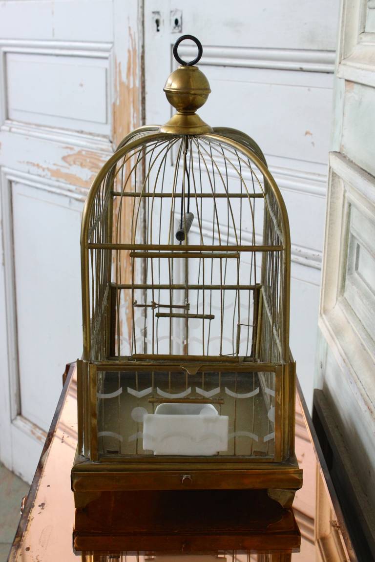 Art Deco Brass Bird Cage with Etched Glass