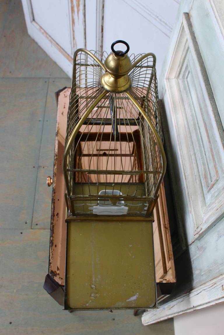 Brass Bird Cage with Etched Glass In Good Condition In Buchanan, NY