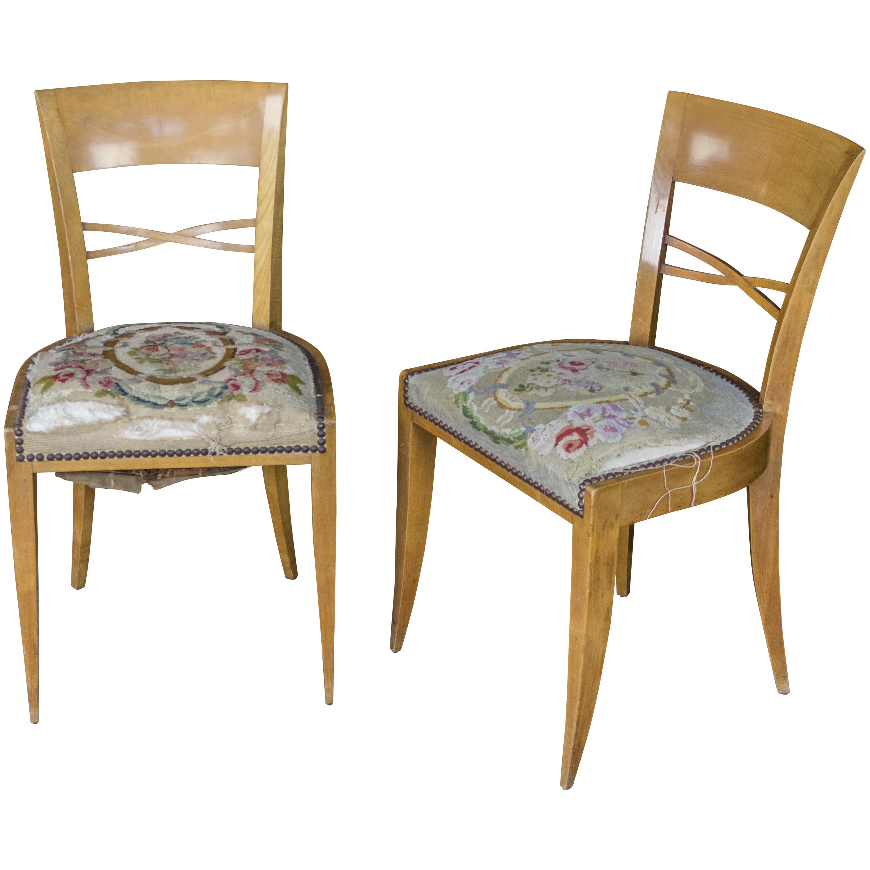 Pair of French Side Chairs with Embroidered Seats For Sale