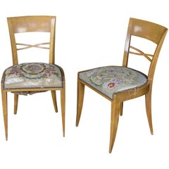 Vintage Pair of French Side Chairs with Embroidered Seats