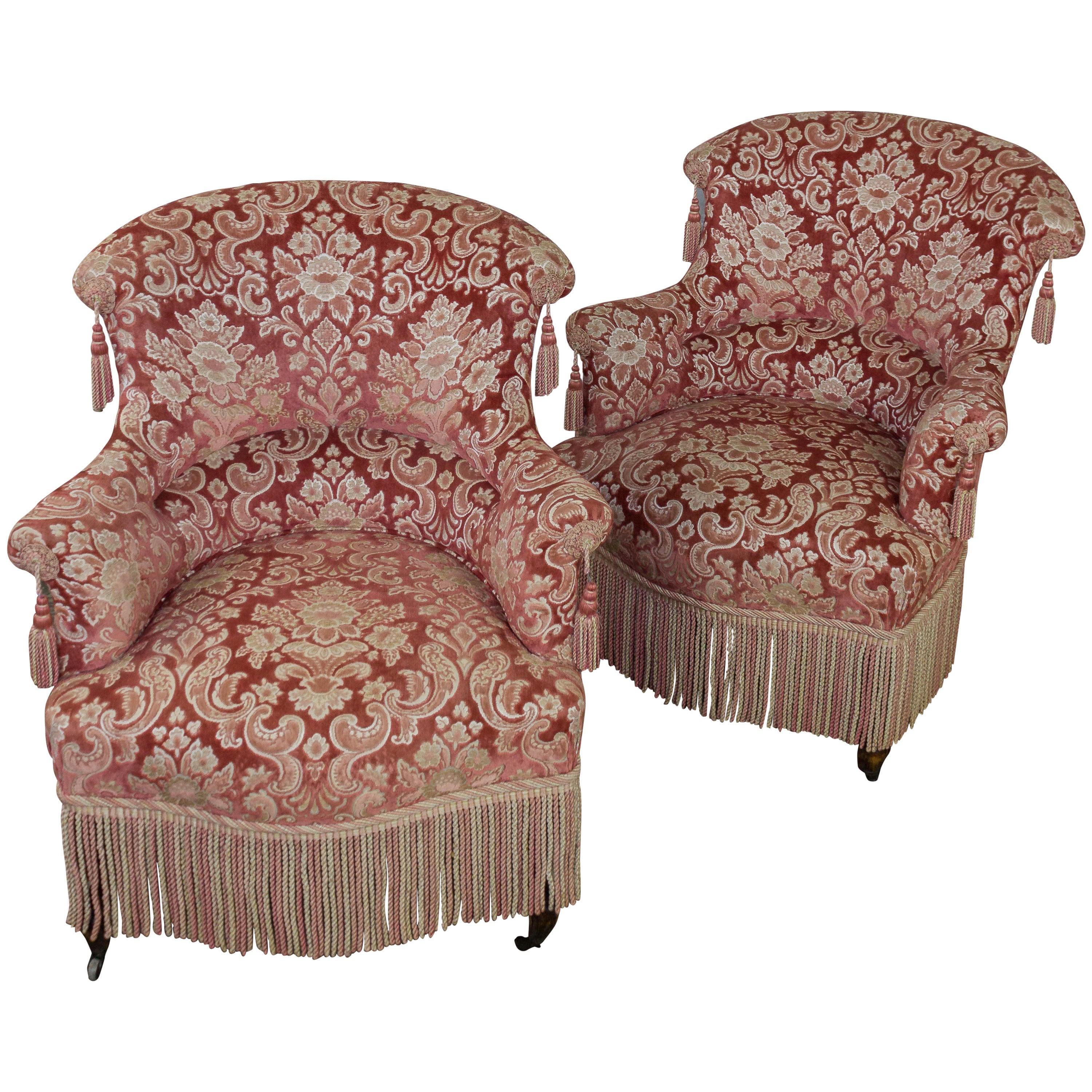 19th Century French Pair of Napoleon III Armchairs with Fringe and Tassels