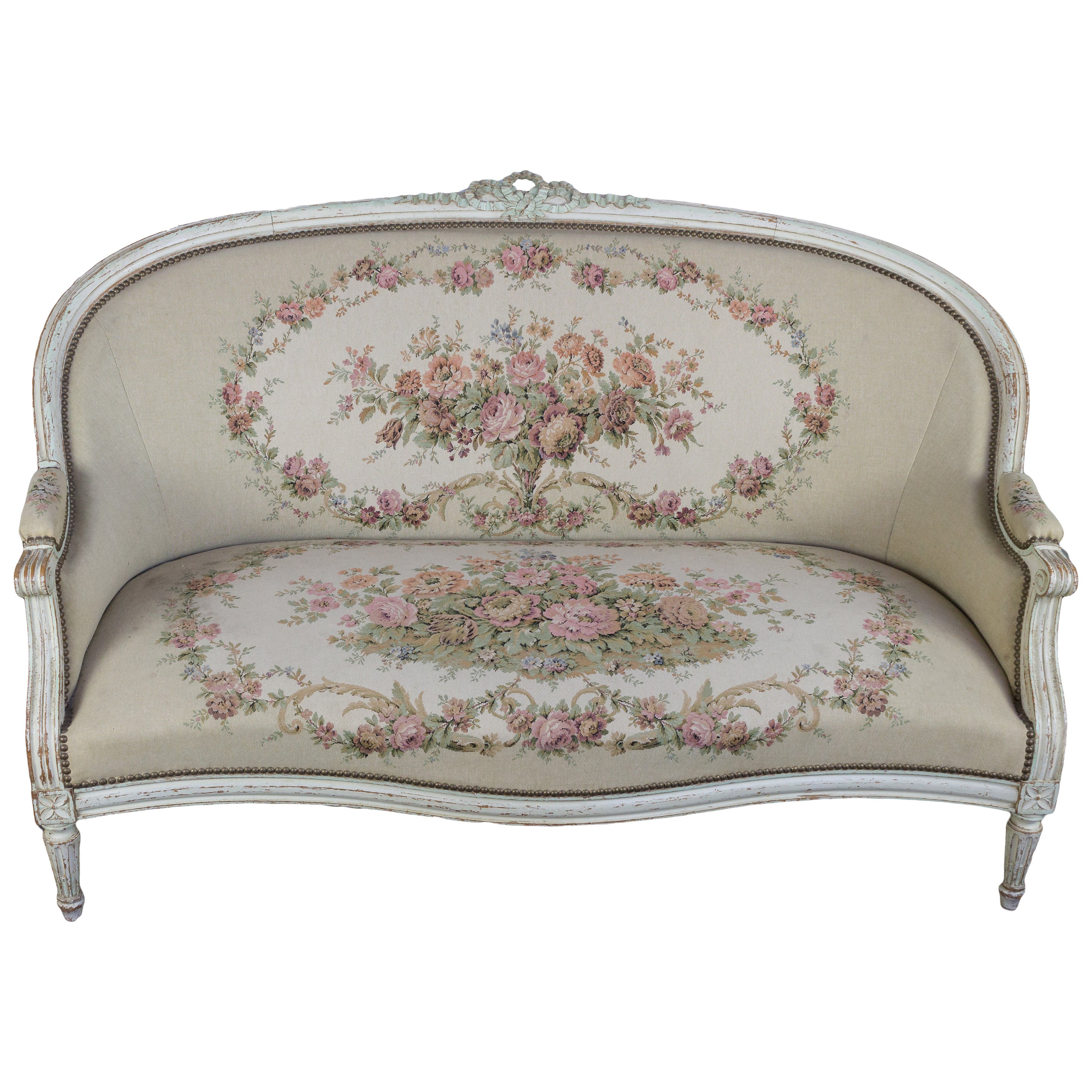 French Louis XVI Style Settee in Petit Point Fabric