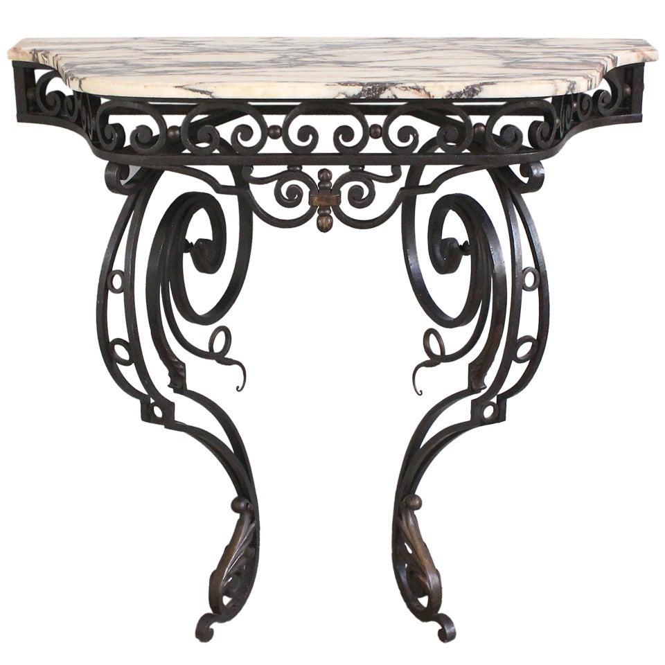 19th Century Wall-Mounted, Wrought Iron Console with Marble Top