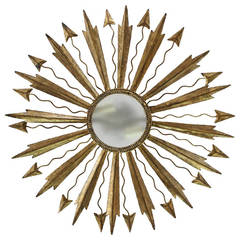 Mid-Century Spanish, Gilt Metal Ceiling Fixture with Frosted Glass