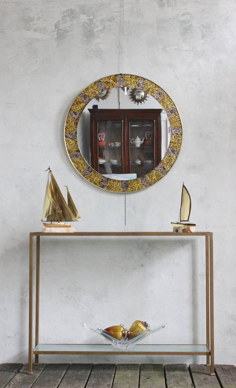 Unusual French, 1970s mosaic mirror with contrasting light and dark floral motif.