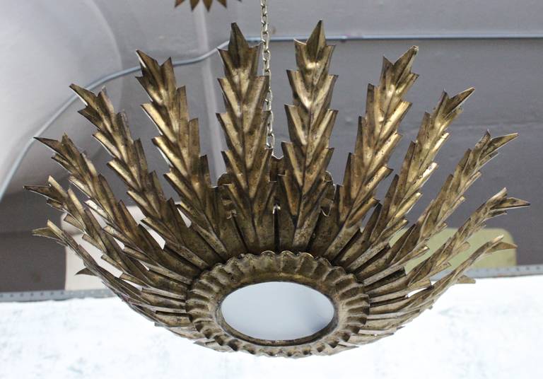 Mid-20th Century Unusual Spanish Gilt Metal Sunburst Ceiling Fixture