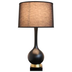 Mod 1960s Black Ceramic Lamp with Brass and Wood Base
