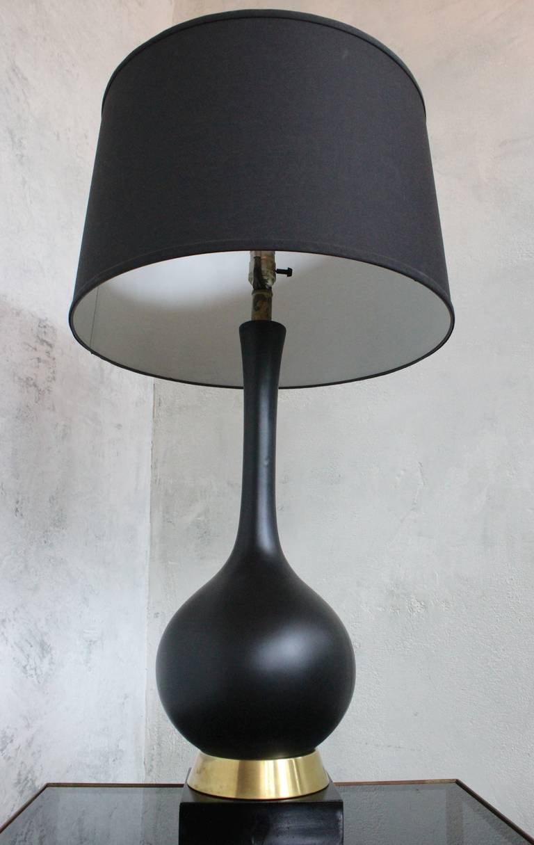Handsome Black Ceramic Lamp with Brass and Wood Base For Sale at 1stdibs