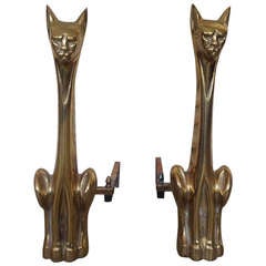 Vintage Pair of Polished Brass, Cat Andirons