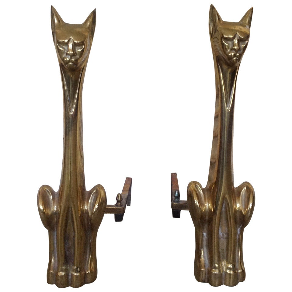 Pair of Polished Brass, Cat Andirons