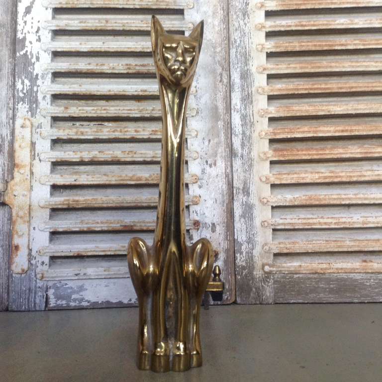 American Pair of Polished Brass, Cat Andirons
