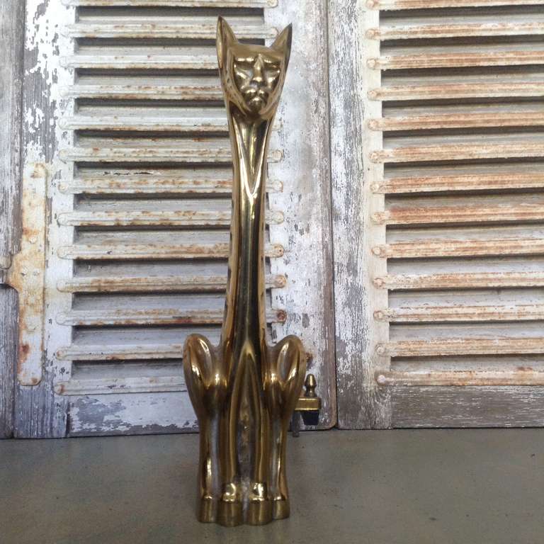 Pair of Polished Brass, Cat Andirons In Good Condition In Buchanan, NY