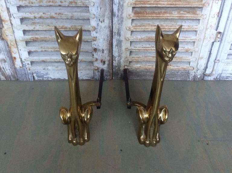 Mid-20th Century Pair of Polished Brass, Cat Andirons