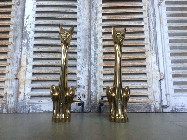 Pair of Polished Brass, Cat Andirons 1