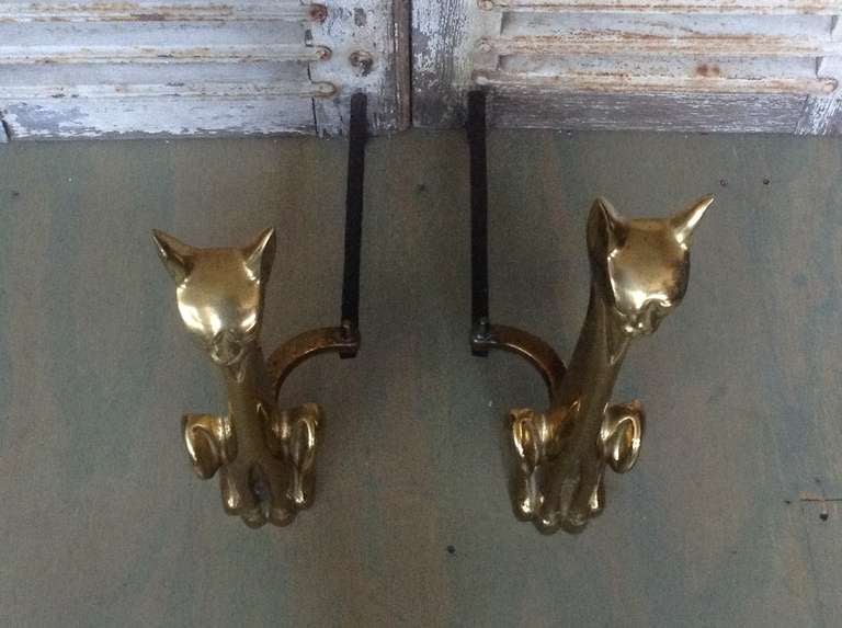 Pair of Polished Brass, Cat Andirons 2