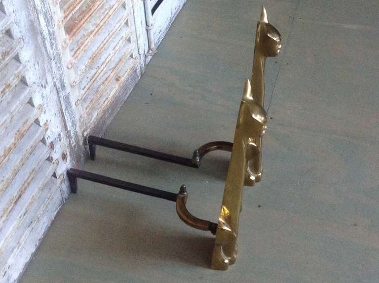 Pair of Polished Brass, Cat Andirons 3