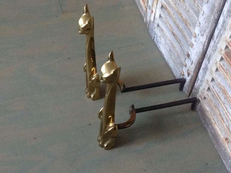 Pair of Polished Brass, Cat Andirons 4