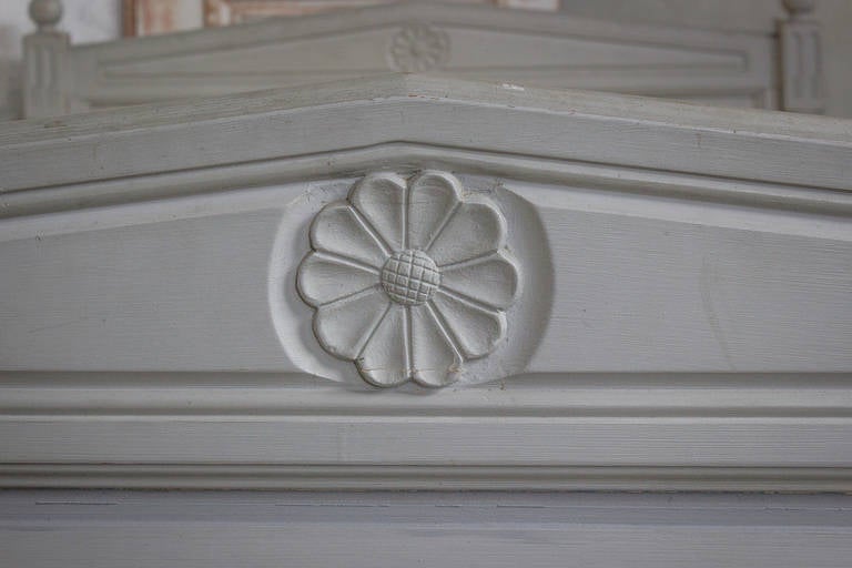 Early 2oth c. pair of wooden twin beds with painted gray frames. There are no mattresses for these beds, frames only.