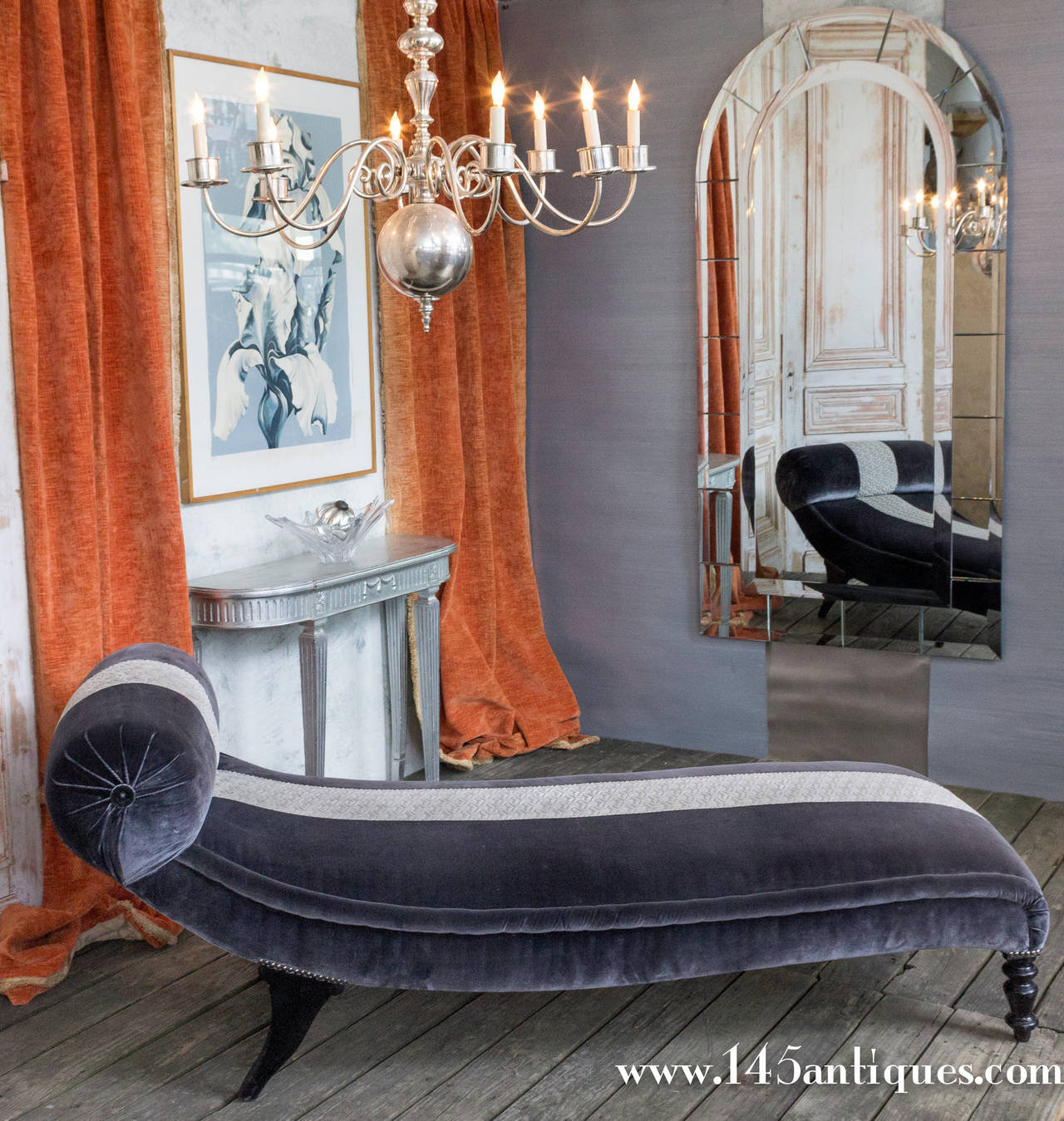 French Chaise Longue in Velvet with Contrasting Trim at 1stdibs