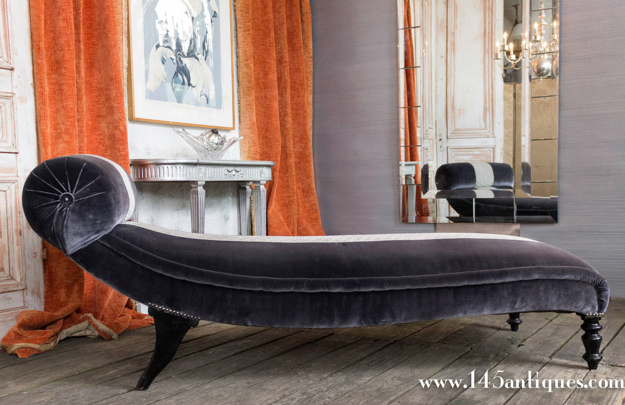 French Chaise Longue in Velvet with Contrasting Trim at 1stdibs