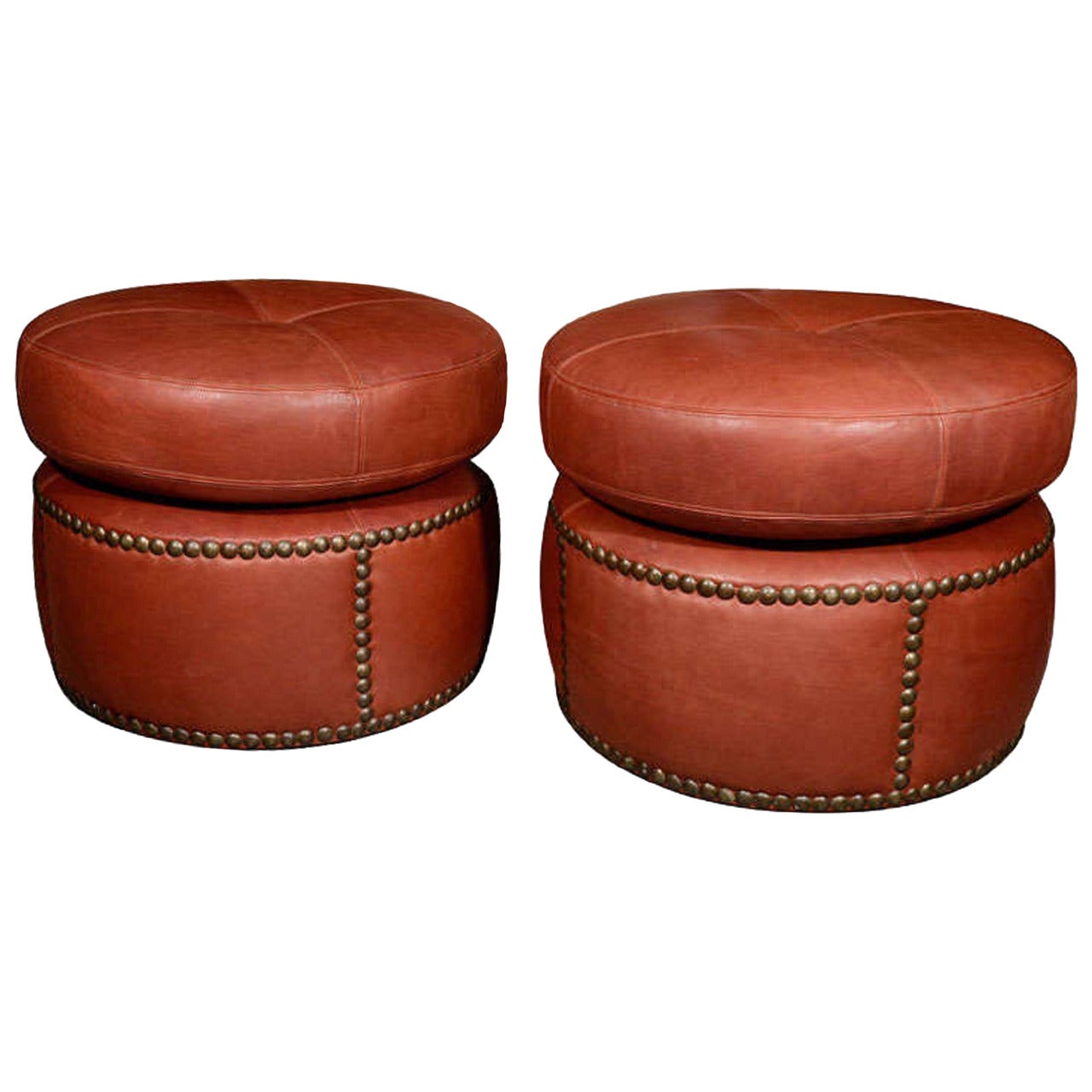 Pair of Leather Studded Poufs, French, 1920s For Sale