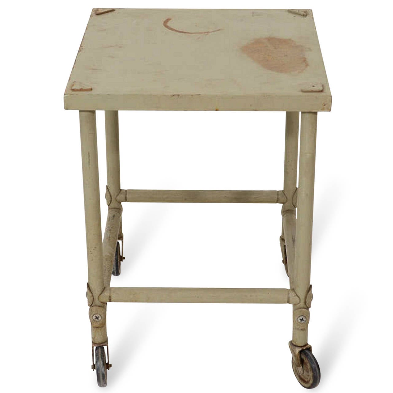 White painted, steel cart on castors by Rene Herbst, French, 1940s. 19 in square, height 24 in. 

Note: Original paint shows fading and losses.

WINTER SALE - 40% OFF - One Week Only !!

(Price shown is reduced price, no further trade