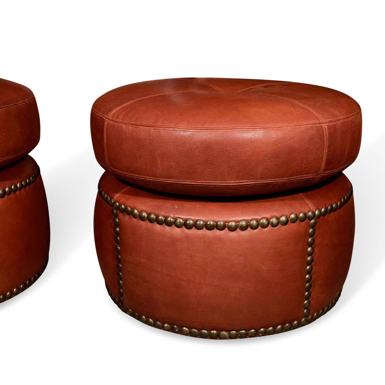 Pair of Leather Studded Poufs, French, 1920s For Sale 1