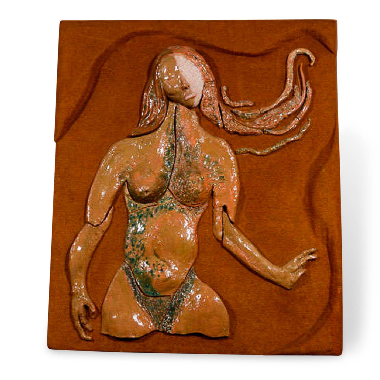 Flat female nude ceramic sculpture by Deborah Kreider; back is signed "Deborah J. Kreider. Mattapoisett, Mass 1970". Measures: Height 45 in, width 38 1/2 in, depth 1 in. (sats)

 