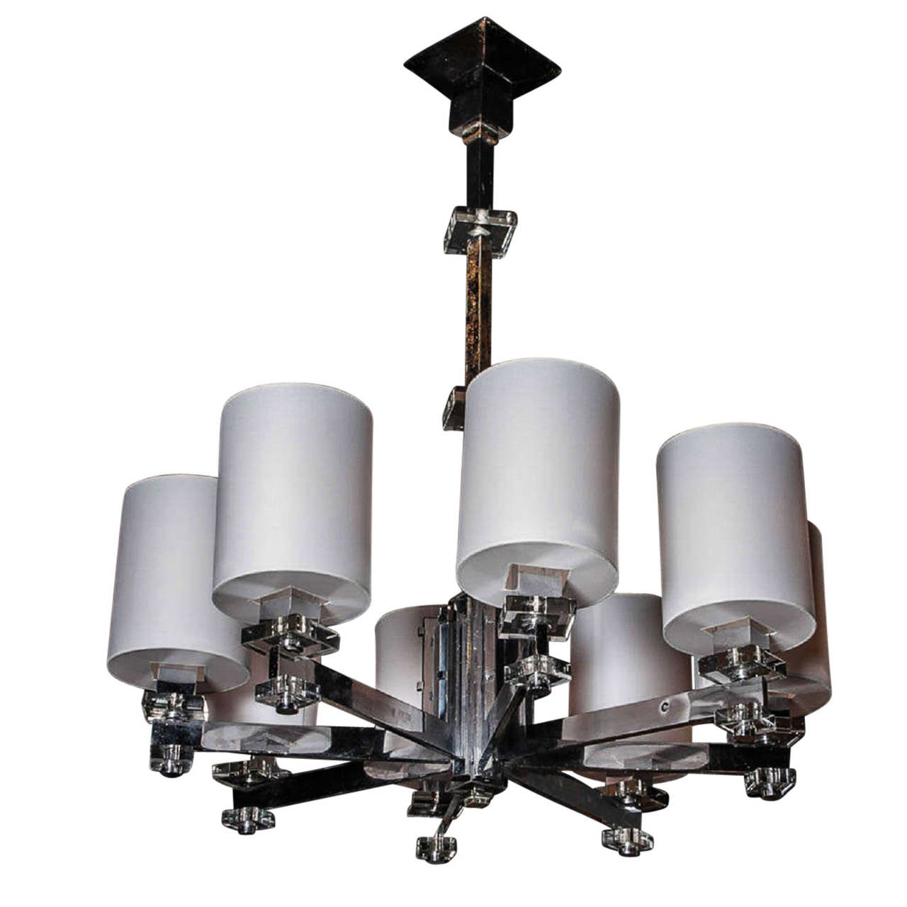 Nickel and crystal eight-arm chandelier, in custom shades by Jacques Adnet, French, 1940s. Diameter 30 in, overall height 35 in.