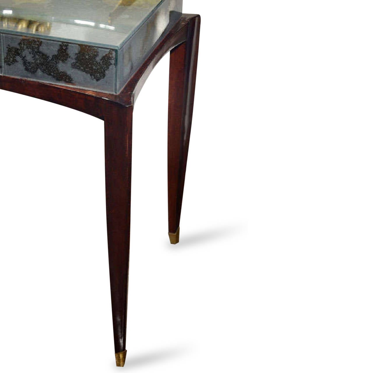 Antiqued mirrored glass vanity, the case resting on tapered mahogany legs with bronze sabots. Has single, central drawer and bronze drawer pull. French 1930s. Length 37 in, depth 21 in, height 29 in.

WINTER SALE - 40% OFF - One Week Only