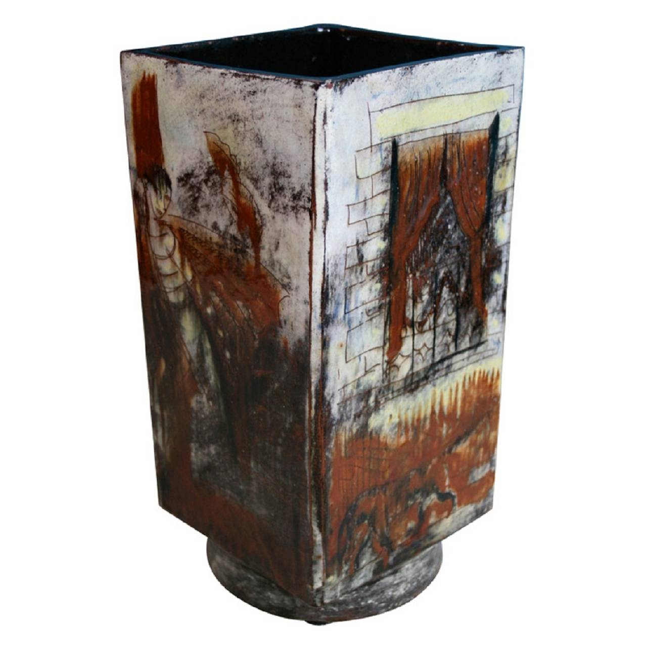 Square form stoneware vase decorated with a Venice scene, signed and dated by Henry Varnum Poor, American, 1932. Measures: 14 1/2