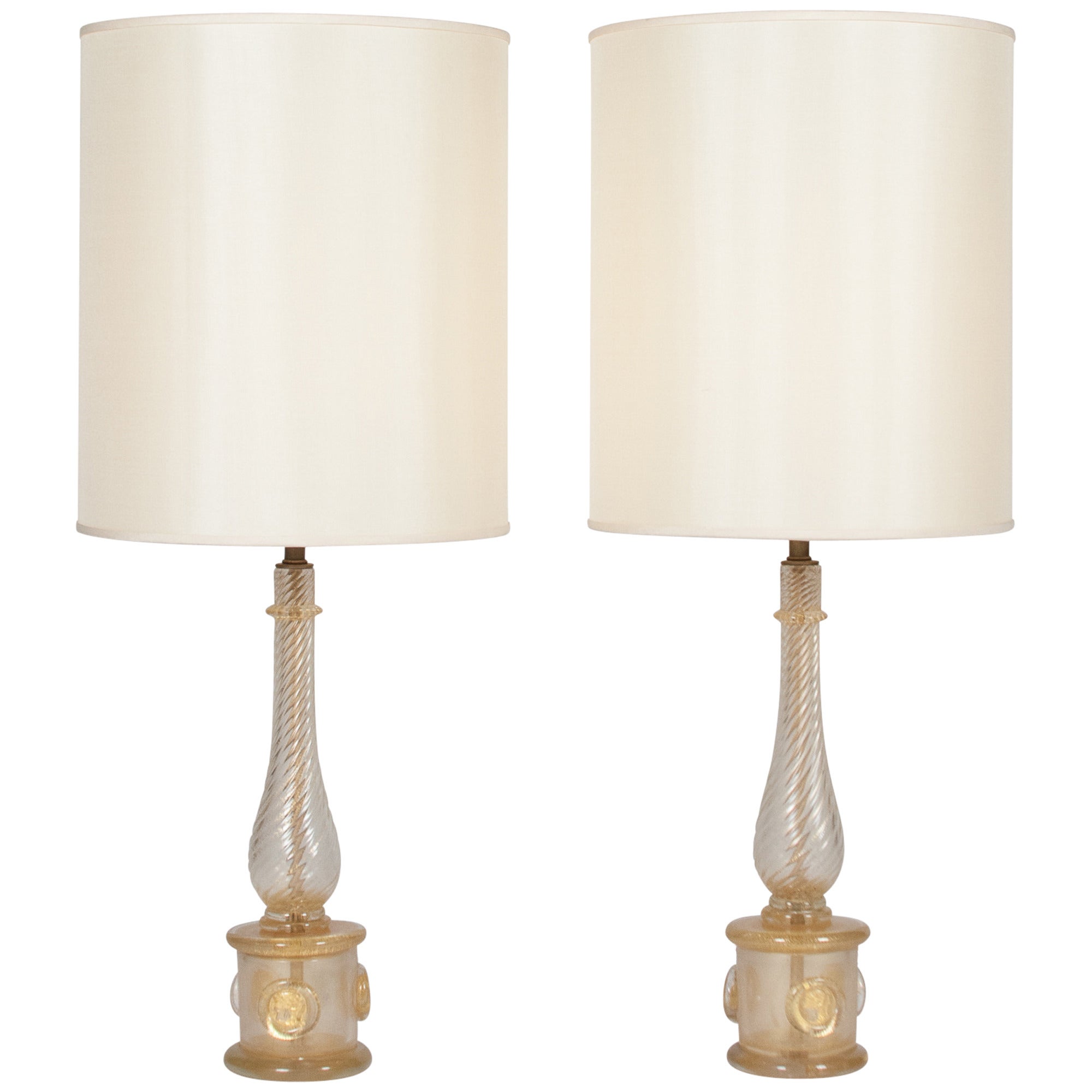 Pair of Gold Glass Lamps by Barovier e Toso, Italian, 1940s For Sale