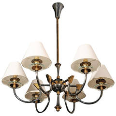 Six-arm Black Nickel and Bronze Chandelier, French 1950