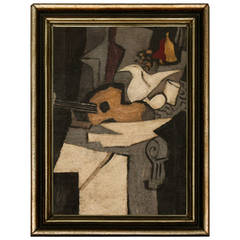 Cubist Style Oil on Canvas, Still Life with Guitar, French 1930s