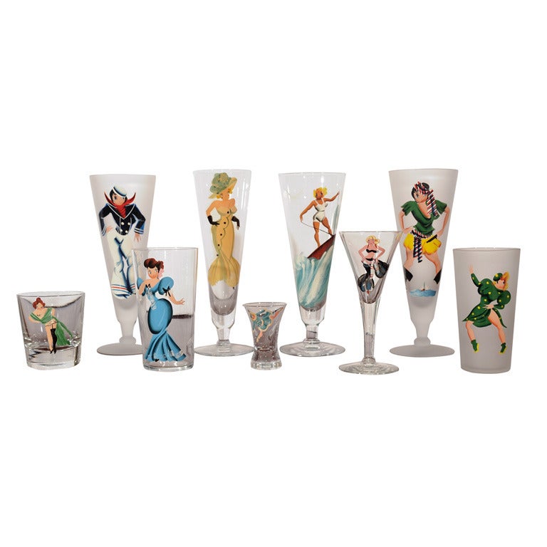 Set of hand-painted glasses with female figures For Sale