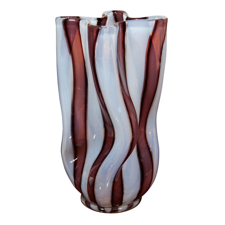 Striped Crumpled Glass Vase by Ercole Barovier, Italian 1950s For Sale