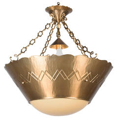 Bronze and Domed Glass Hanging Light Fixture, German, circa 1920