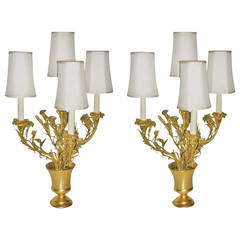 Pair of Four-Arm Gilt Bronze Flower and Pot Form Lamps, French, 1940s