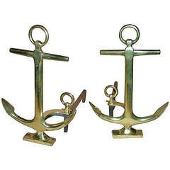 Vintage Pair of Polished Bronze Anchor Form Andirons