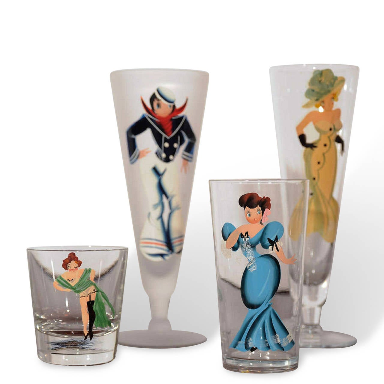 French Set of Hand-Painted Pin Up Girl Drinking Glasses from the Estate of Doris Duke