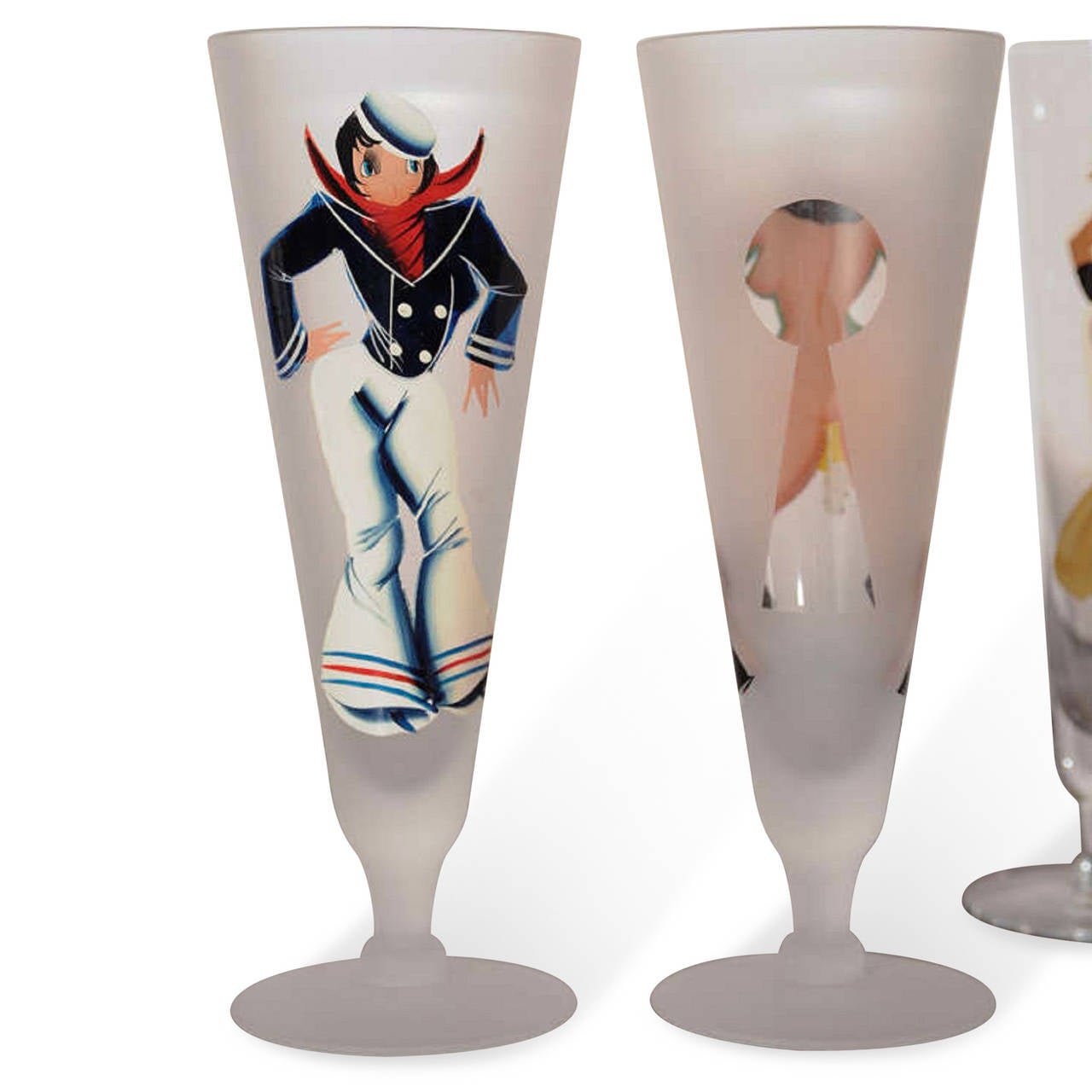 Mid-20th Century Set of Hand-Painted Pin Up Girl Drinking Glasses from the Estate of Doris Duke