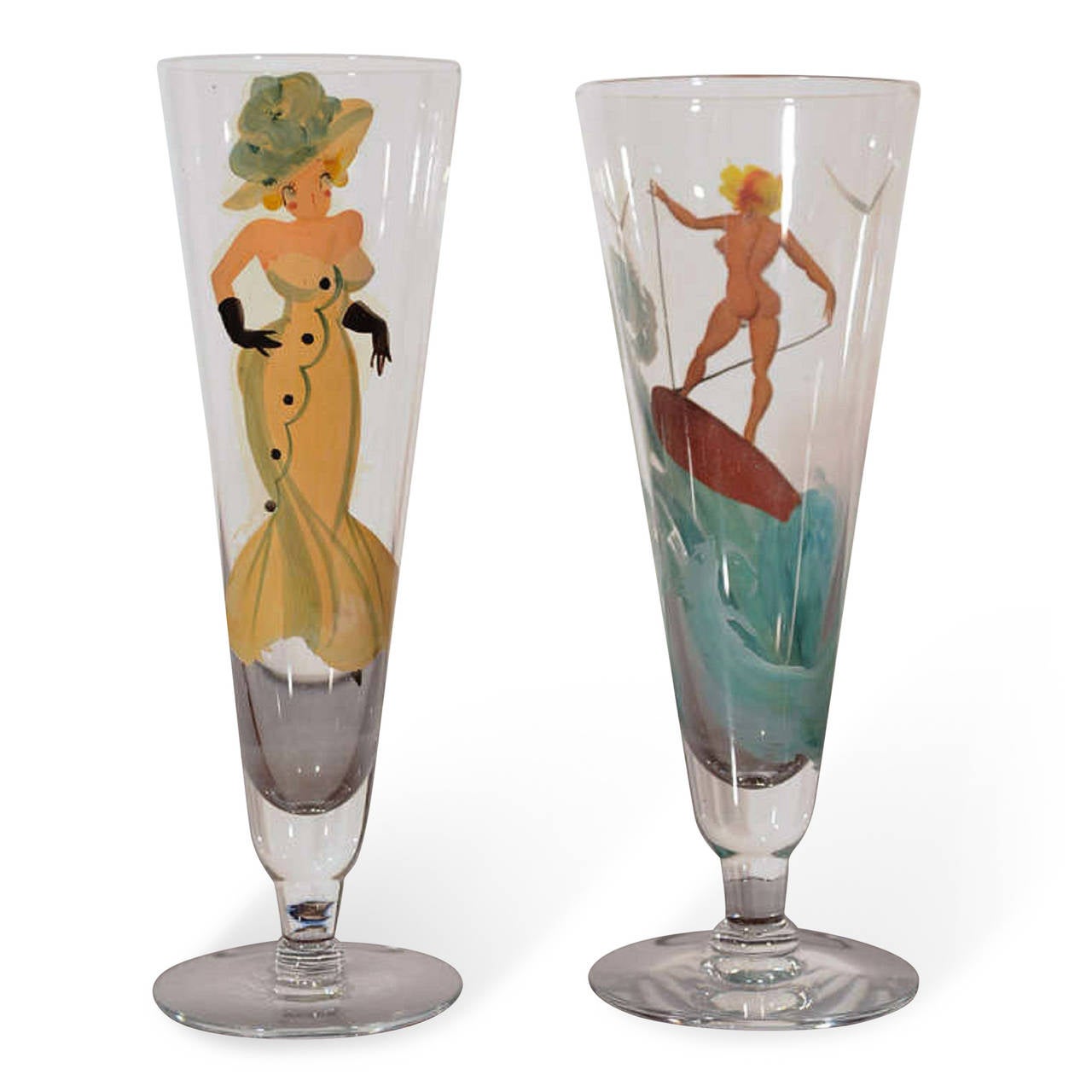 Set of Hand-Painted Pin Up Girl Drinking Glasses from the Estate of Doris Duke 1