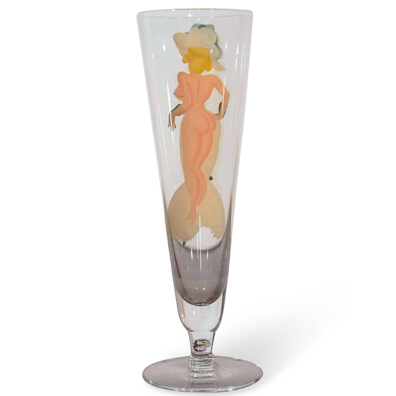 A set of custom-made, hand-painted drinking glasses from the Estate of Doris Duke. The front of the glasses are painted with clothed female figures. From the inside of the glass, the woman is nude(see images). Total of 54 pieces comprising - ten