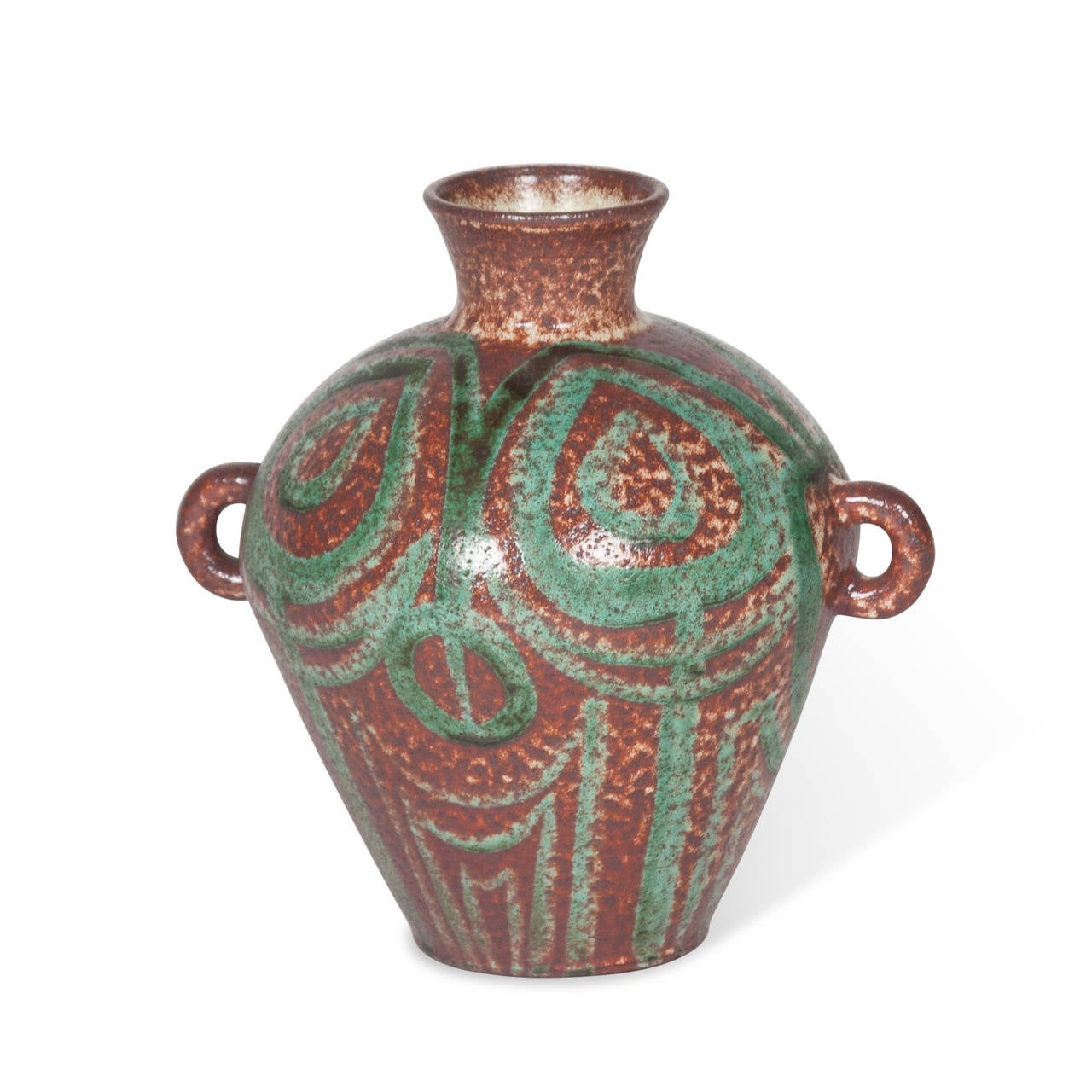 Ceramic vase with pinched neck, glazed in green and brown by Accolay, French, circa 1950. Measures: 3” D base, 8” D body at widest, 8” H. 

 