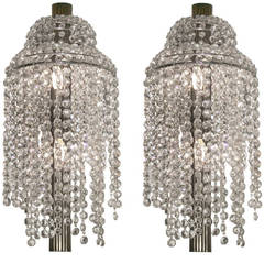 Pair of Hanging Crystal and Bronze Sconces, French, 1920s