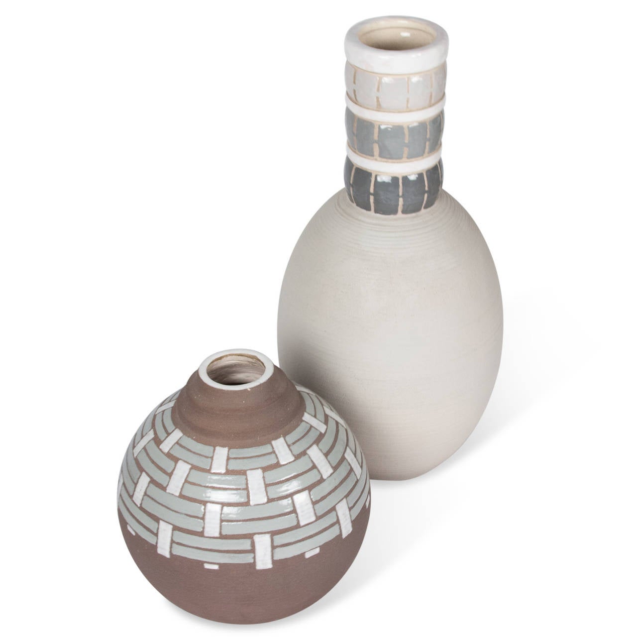 Two ceramic vases decorated with enamel strips in various shades of grey. By Luc Lanel, French, 1930s. Signed to underside.

On right: Off-white/grey ovoid vase with long neck: 17 1/2 in. H, 9 in. diameter.
On left: Rounded brown glazed vase with