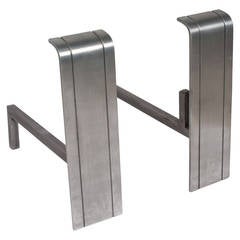 Karl Springer Style Stainless and Iron Andirons, Pair